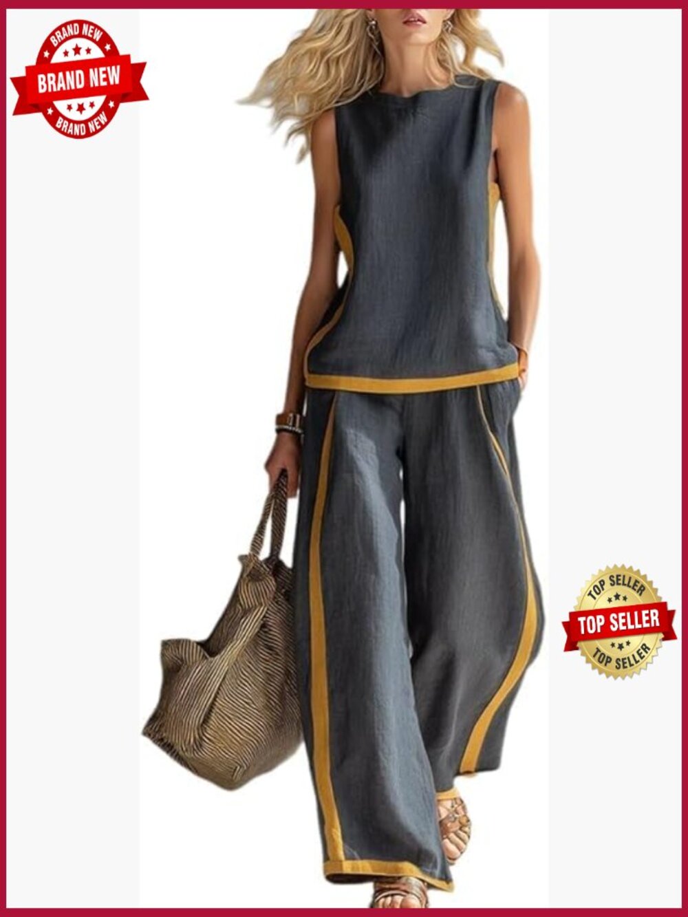 2 Piece Lounge Set Sleeveless Top Wide Leg Pants Summer